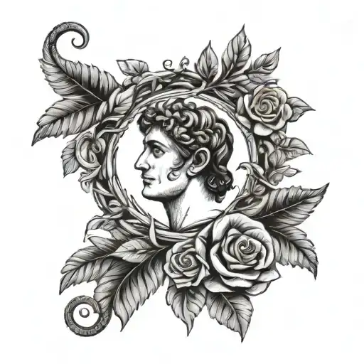 apollo with symbols such as snake and laurel wreath tattoo design idea