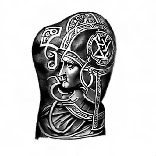 All back tatto, renaissance period illustration, greek empire figures, greek orthodox symbols, sacred geometry backgroun tattoo design idea