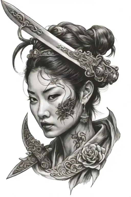Chinese lady face with a sword tattoo tattoo design idea