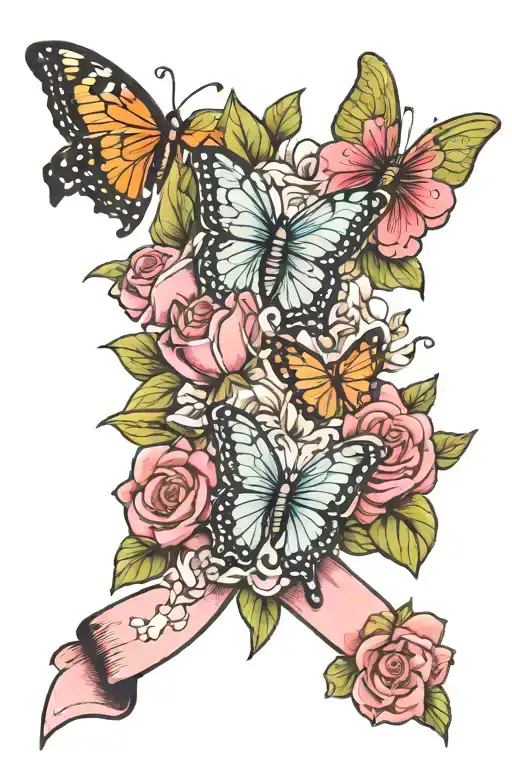 bouquet of flowers with butterflies, heart association ribbon and breast cancer ribbon  tattoo design idea
