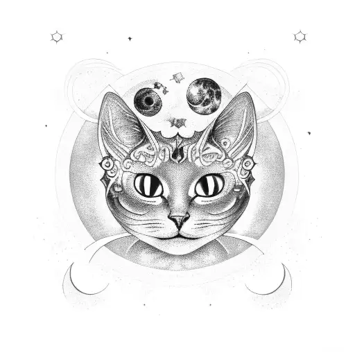 A celestial cat sitting on a crescent moon surrounded by swirling galaxies tattoo design idea