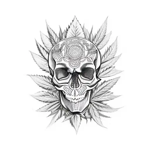 A skull with intricate marijuana leaf patterns forming the eyes and nose tattoo design idea