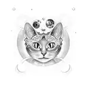 A celestial cat sitting on a crescent moon surrounded by swirling galaxies tattoo design idea