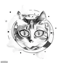 A celestial cat sitting on a crescent moon surrounded by swirling galaxies tattoo design idea