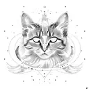 A celestial cat sitting on a crescent moon surrounded by swirling galaxies tattoo design idea