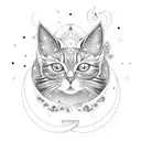 A celestial cat sitting on a crescent moon surrounded by swirling galaxies tattoo design idea