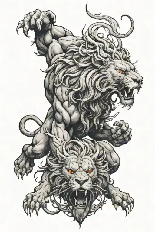 A fierce demon battling against a lion in a symbolic representation of inner strength and determination tattoo design idea