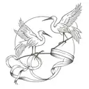 two cranes holding bow shaped ribbon tattoo design idea