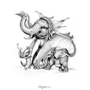 Dragon protecting elephant and penguin. include a butterfly tattoo design idea