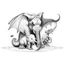 Dragon protecting elephant and penguin. include a butterfly tattoo design idea