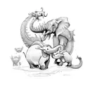 Dragon protecting elephant and penguin. include a butterfly tattoo design idea