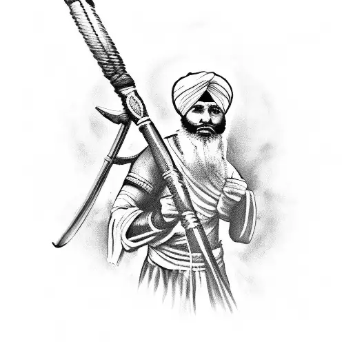 A strong sikh khalsa warrior in battle fighting an enemy with traditional sikh weapons tattoo design idea