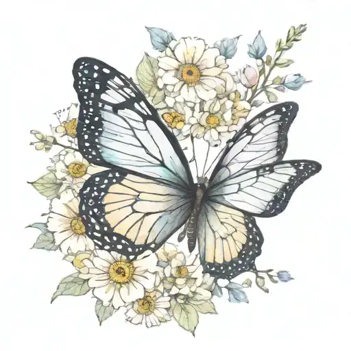 a butterfly with half butterfly wing half birth flowers from the months January, may, June, July, September, October and tattoo design idea