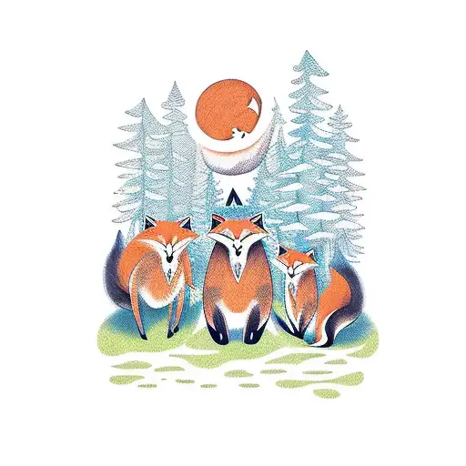 A playful scene of a fox, raccoon, and bear exploring a lush forest together tattoo design idea
