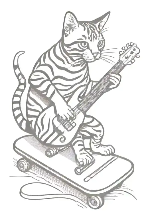 A bengal cat shredding on a skateboard while playing an electric guitar tattoo design idea