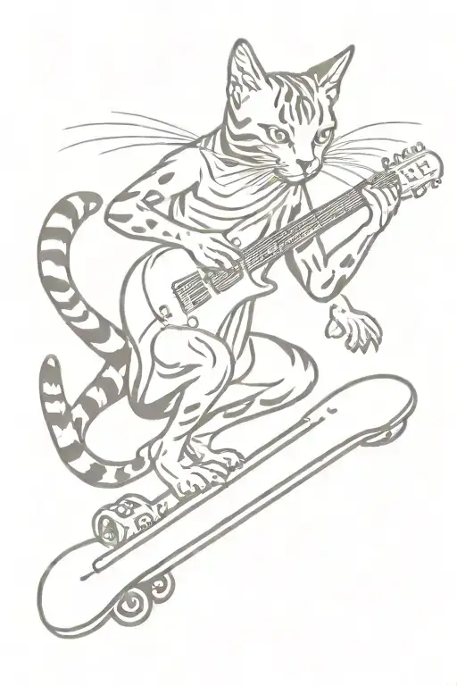 humanized Bengal cat shredding on a guitar while riding a skateboard  tattoo design idea