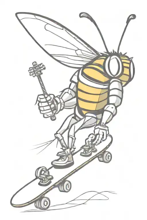 A humanized bumble bee shredding on a skateboard while playing an electric guitar tattoo design idea