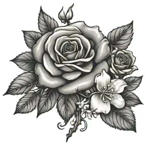 a rose stem and jasmine flowers tattoo design idea