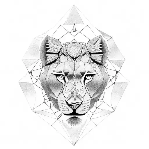 A Leo astrology symbol transformed into a powerful lioness with dotwork details tattoo design idea