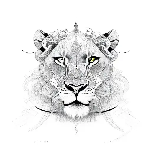 A lioness with intricate patterns representing strength and agility in a sketch style tattoo design idea