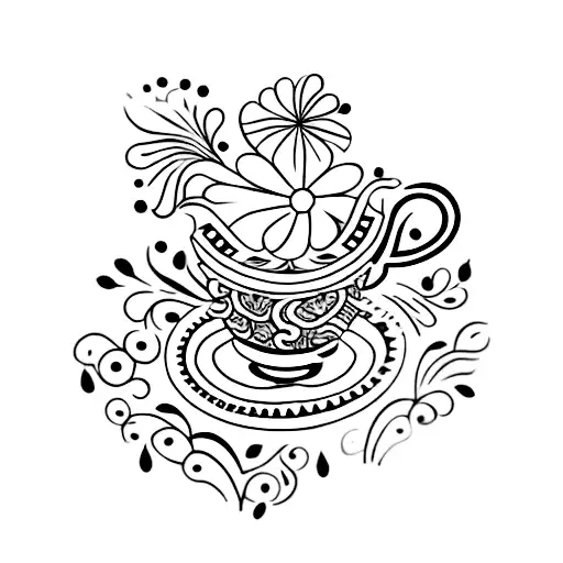 A minimalistic tattoo of a teacup adorned with traditional Indian and Latin American patterns, combining the client's love for tea and diverse cultures. tattoo design idea