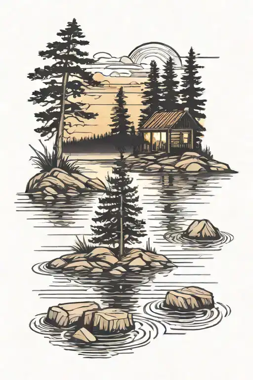Outdoor Scene on Shoulder with water with ripples, pine trees on shore, campfire on shore, sunset in backround,  tattoo design idea