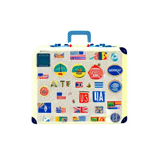 A suitcase with destination stickers representing all the places the client has traveled with their family tattoo design idea