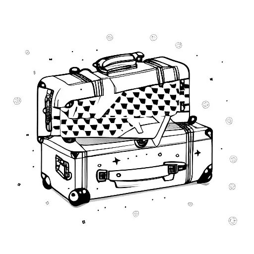 A suitcase with destination stickers representing all the places the client has traveled with their family tattoo design idea