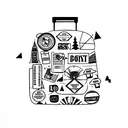 A suitcase with destination stickers representing all the places the client has traveled with their family tattoo design idea