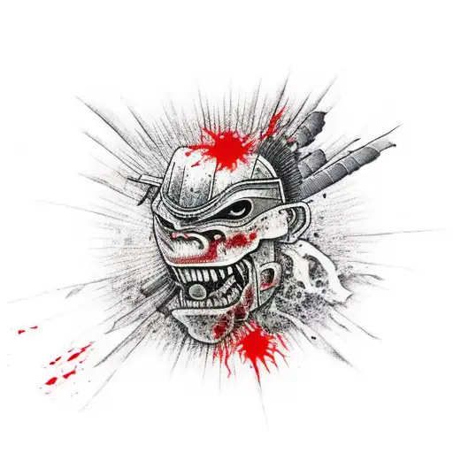 a wounded samurai kneels on the battlefield, around a broken copy, grass puddles of blood and corpses at sunset tattoo design idea