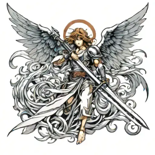 angel holding sword fighting demons tattoo design idea