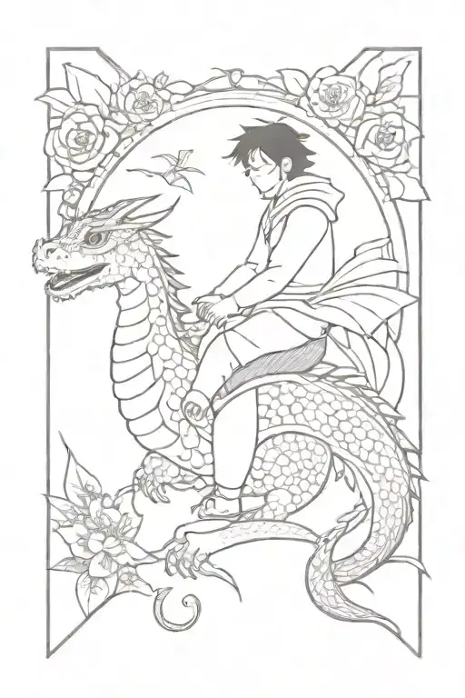 A mesmerizing tattoo of a Studio Ghibli character riding a dragon, with a background of intricate dotwork patterns and Lilly of the valley flowers tattoo design idea