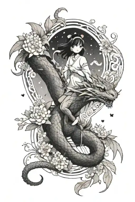 A mesmerizing tattoo of a Studio Ghibli character riding a dragon, with a background of intricate dotwork patterns and Lilly of the valley flowers tattoo design idea