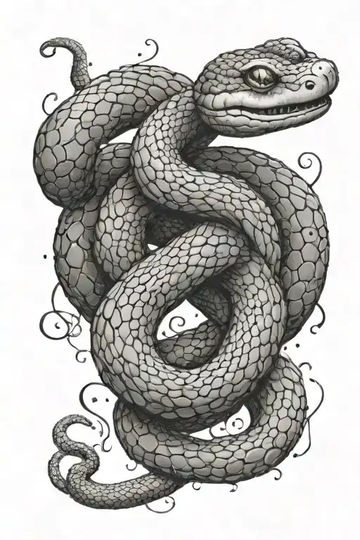 A mystical tattoo of a snake coiled around a spellbinding Studio Ghibli character, with intricate dotwork details tattoo design idea