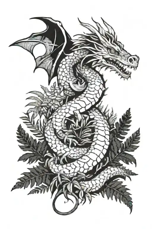A whimsical scene featuring a dragon and ferns inspired by Studio Ghibli's magical worlds tattoo design idea