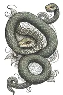 A mystical tattoo of a snake coiled around a spellbinding Studio Ghibli character, with intricate dotwork details tattoo design idea