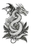 A whimsical scene featuring a dragon and ferns inspired by Studio Ghibli's magical worlds tattoo design idea