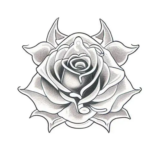rose with three thorns on stem and three sacred hearts in background  tattoo design idea