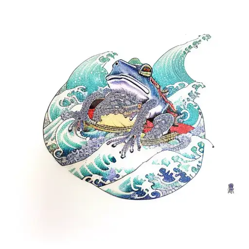 samurai frog riding ocean wave tattoo design idea