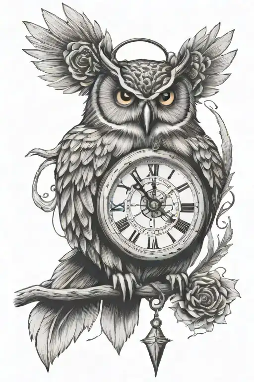 owl with a compass or pocket watch. include the date "12.09.21" to symbolise birth of daughter and 22.06.24 for death tattoo design idea