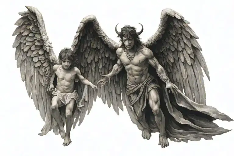 1 male body half of it angel and hala of it is demon . he has 2 Wings one demon and one angel wing  tattoo design idea