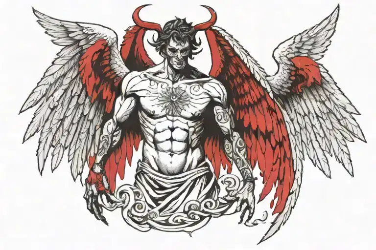 1 male body half of it is angel and half of it is demon . this body has 2 Wings one demon and one angel wing  tattoo design idea