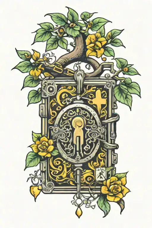lock with letter T and money tree tattoo design idea