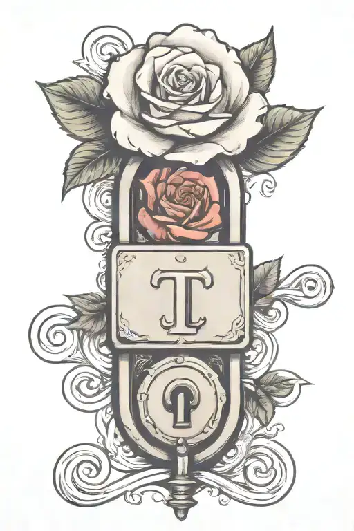 lock with letter T and money rose tattoo design idea