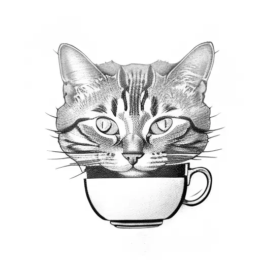 A cat sitting on a coffee cup surrounded by plants tattoo design idea