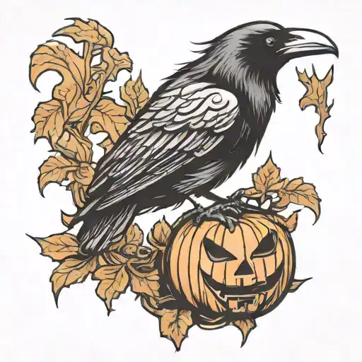 crow sitting on a wilted jack o lantern   tattoo design idea
