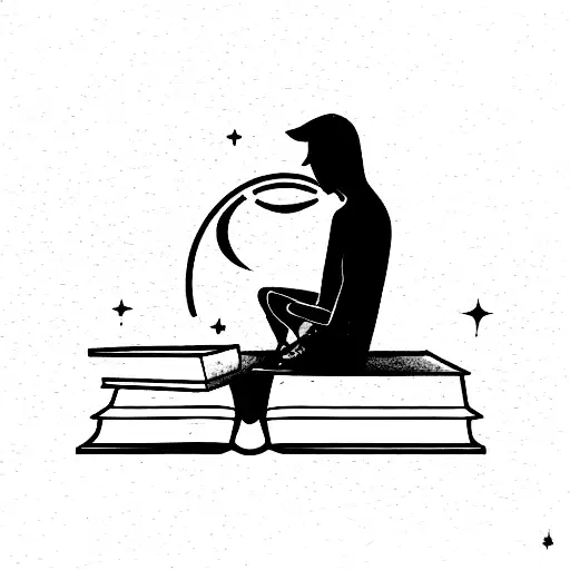 man sitting on open book and seeing the universe tattoo design idea