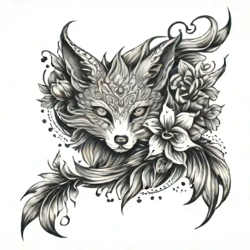nine-tailed fox and flowers tattoo design idea