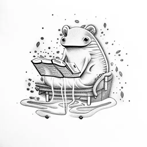 A pink Axolotl sit in a green sofa reading and smoking tattoo design idea