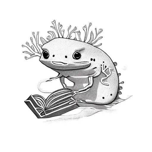A pink Axolotl sit in a green sofa reading and smoking tattoo design idea